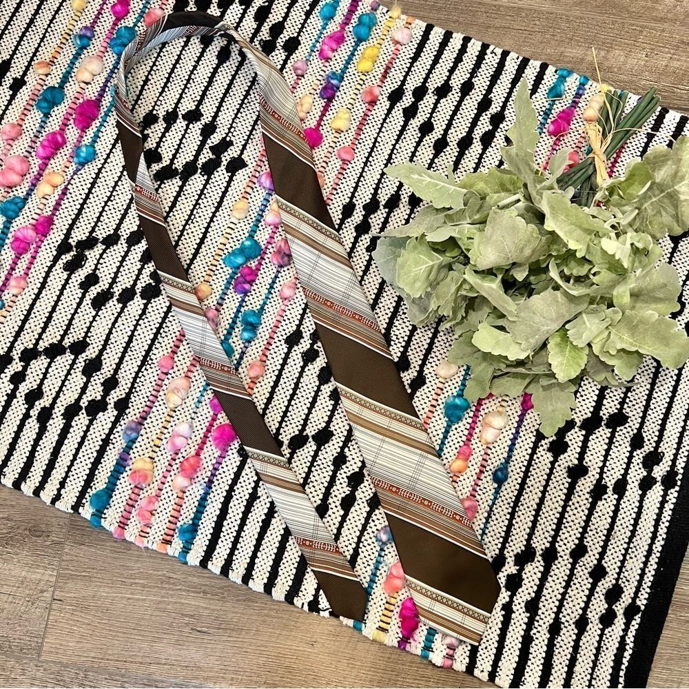 Prince Bellini Vintage Italian Styled Brown Tan Red Rust Striped Polyester Tie